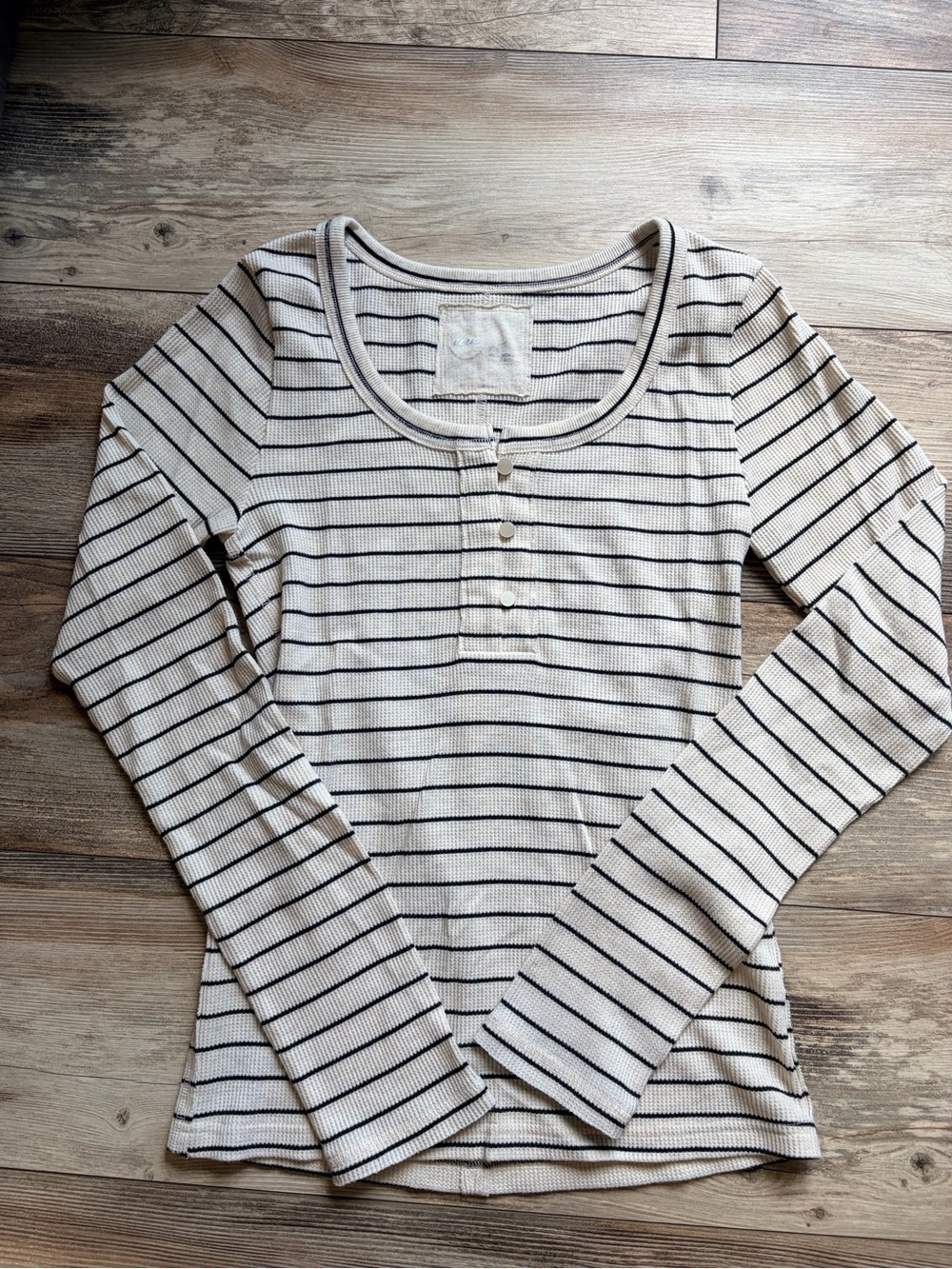 aerie Cream and Black Striped Ribbed Henley Long-Sleeve Top